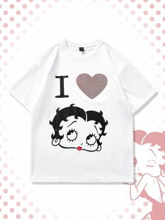 Betty Boop | ROMWE T-shirt à manches courtes blanc pour hommes avec motif de strass, vêtement de sport décontracté et confortable pour l'été