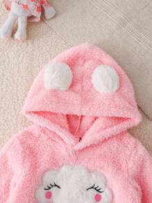 SHEIN Playful Pals 2 件女婴秋冬珊瑚绒连帽衫，带云朵刺绣和珊瑚绒裤套装，适合休闲穿着、户外旅行、派对 - 粉色 - 查看 7