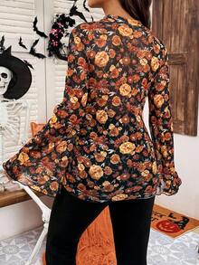 SHEIN Maternity Floral Pattern Elegant Trumpet Long Sleeve T-Shirt,Women's Boho Autumn Black Top,Babyshower Halloween Costume Bell Sleeve Fall Blouse - Orange - View 2