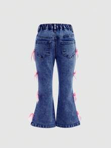 SHEIN Young Girl' Pink Bow Decor Blue Denim Elastic Skinny Flare Jeans ,Kid Girls Spring And Summer Casual Vacation Country Boho Wear, Beach Outfits For Kid Girls,Western Street Wear For Girl,Spring Break Outfits,Rave Outfits Festival Denim Bell Bottoms, Girls Jeans With Bows, Jeans With Pink Bows Fall Winter - Dark Wash - View 6