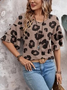 EMERY ROSE Áo thun tay ngắn cổ chữ V rộng rãi họa tiết da báo thường ngày dành cho nữ có viền nhún bèo, phù hợp cho mùa hè Áo họa tiết da báo Áo họa tiết động vật Áo sơ mi họa tiết da báo dành cho nữ Áo họa tiết da báo cho nữ Áo tay bèo nhún họa tiết da báo thường ngày dành cho nữ Áo nữ - Màu nâu Sô-cô-la - Xem 1