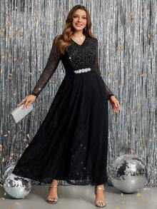 Ellevyn 大码优雅派对亮片和水钻装饰连体裤 - 黑色 - 查看 4