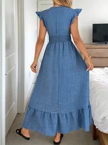 Easowa Shirred Cap Sleeve Drawstring Waist Ruffle Hem Flowy Dress, Casual Resort Wear For Women Boho - Blue - View 2