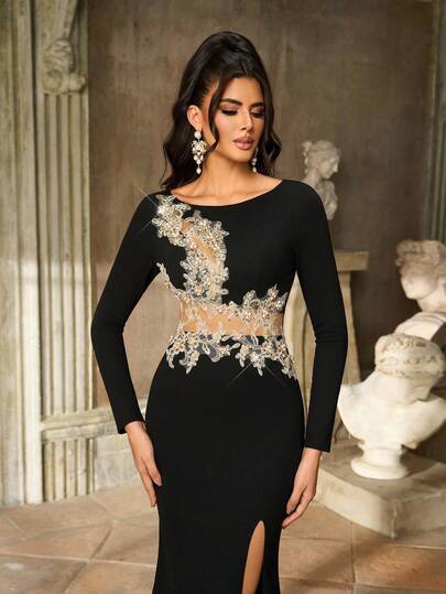 Aureia 优雅奢华黑色长袖刺绣蕾丝串珠性感透明网眼拼布弹力针织鱼尾连衣裙，适合婚礼、活动、派对、度假、庆典、正式场合（重型）