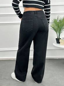 EURMUSE 高腰直筒大码休闲牛仔裤 - 黑色 - 查看 2