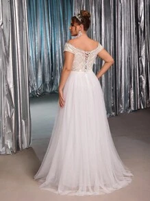 Glamrae Váy cưới chữ A bằng vải tuyn thêu hoa văn ren Pháp sang trọng, lãng mạn, màu trắng cỡ lớn, hở vai, trang trí hạt thủ công - trắng - Xem 5