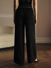 MOTF PREMIUM Quần ống rộng viền xích vải Tweed - màu đen - Xem 4