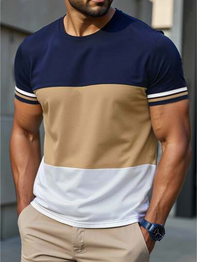 Manfinity Dauomo Men's Round Neck Striped Short Sleeve Contrast Color Casual Slim Fit T-Shirt Beach Navy Blue Summer