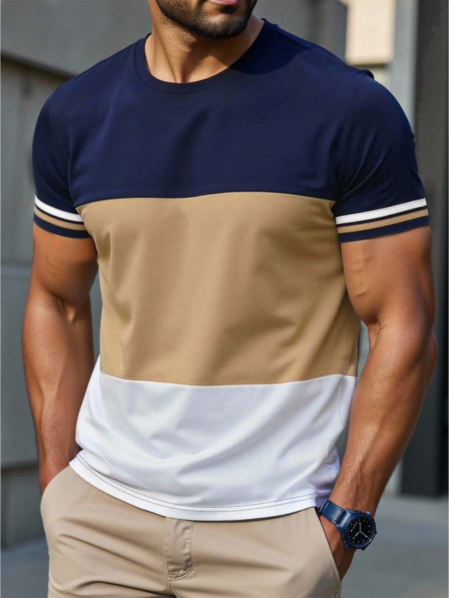 Manfinity Dauomo Camiseta casual ajustada de cuello redondo con mangas cortas a rayas y contraste de color para hombre