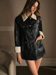 MOTF PREMIUM 时尚仿羊毛领袖口 3/4 袖 PU 夹克，秋冬 - 黑色 - 查看 7