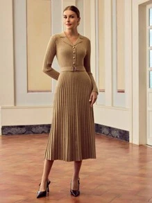 ZEYLAH Women's Solid Color Half-Zip Long Sleeve Pleated Sweater Dress Fall /Winter Clothes