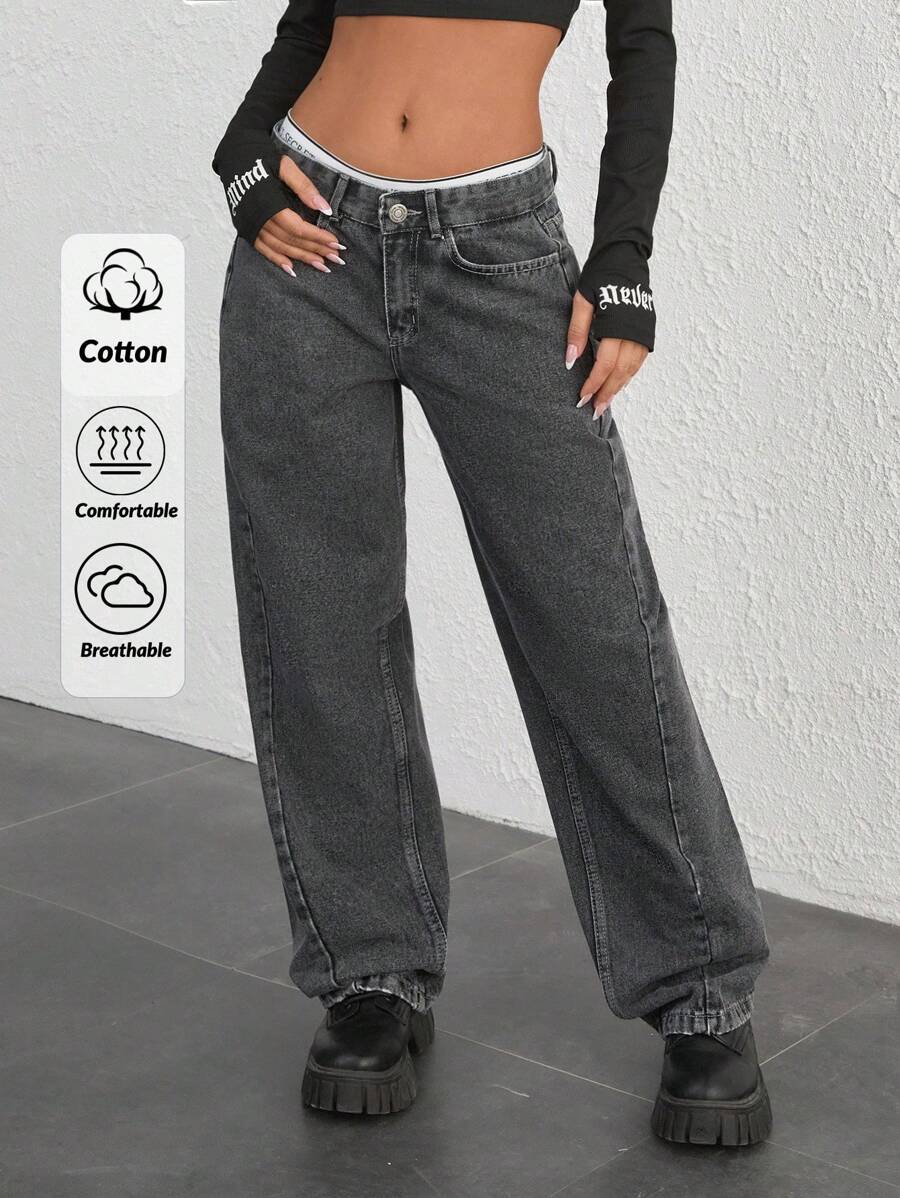 EURMUSE Casual Washed Vintage Low Waist Straight Leg Jeans - Grey - View 1