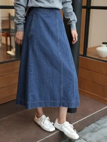 K-Vae Women's Autumn And Winter Dark Blue Wrap-Around Denim Skirt, Old Money Style Denim Skirt, Simple Style Daily Teacher's Uniform,Alloween Costumes,Chic Autumn