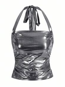 SHEIN x PRISCILA & JIMENA ROMWE PUNK Women's Metallic Halter Neck Top, School - Silver - View 1