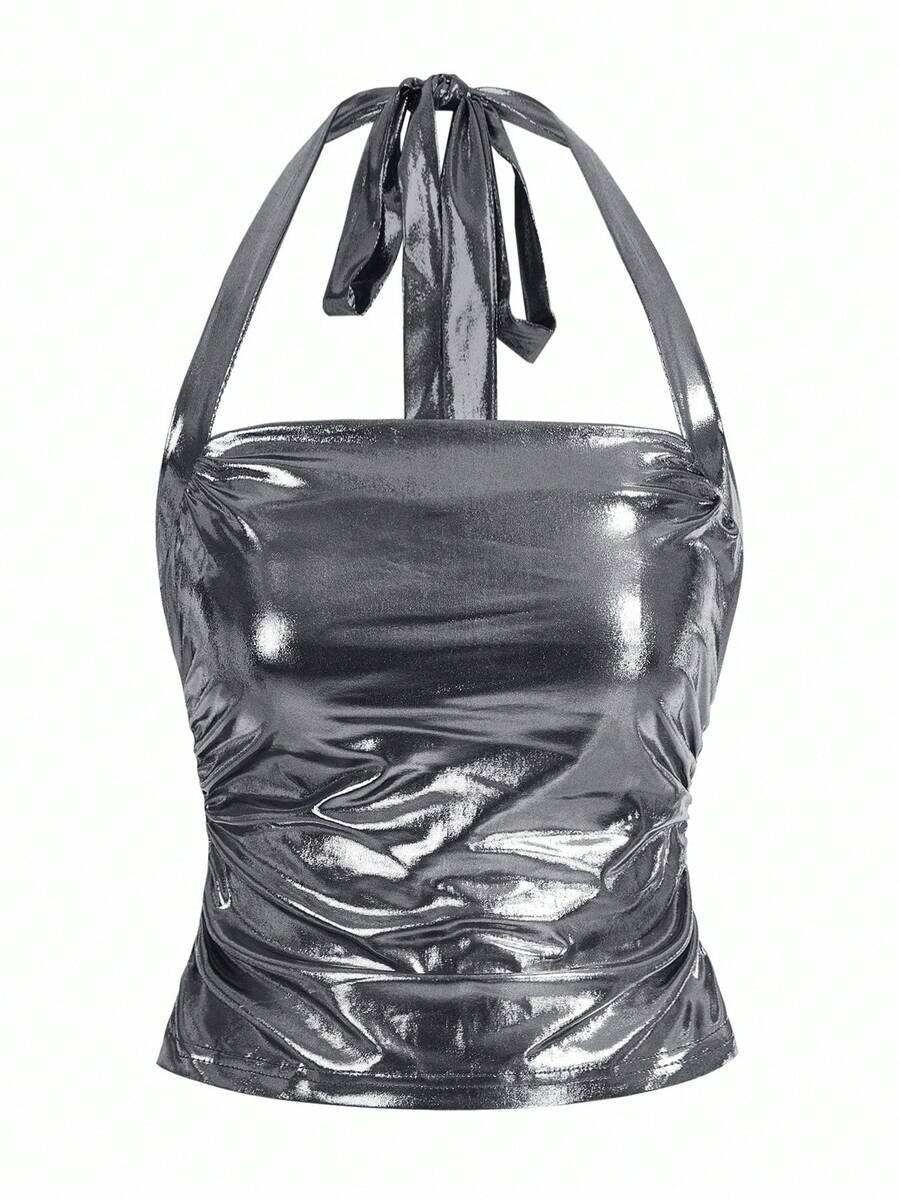 SHEIN x PRISCILA & JIMENA ROMWE PUNK Women's Metallic Halter Neck Top, School - Silver - View 1