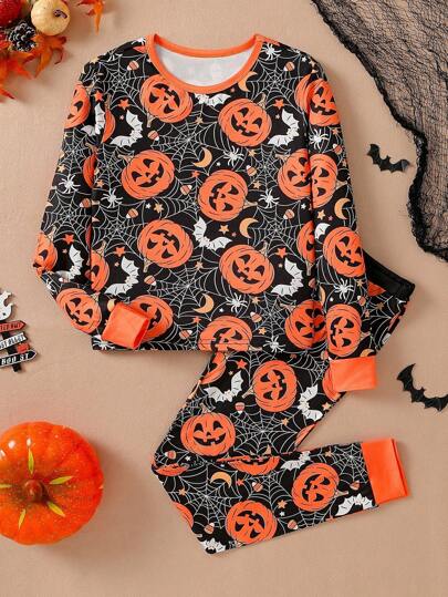 Tween Boys' Halloween Pumpkin Graphic Print Long Sleeve Top And Leggings Set, Pumpkin Lantern Pattern, Snug Fit Pajamas Fall Winter