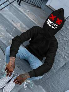 Manfinity EMRG 男士时尚印花不对称连帽衫，秋季 - 黑色 - 查看 1