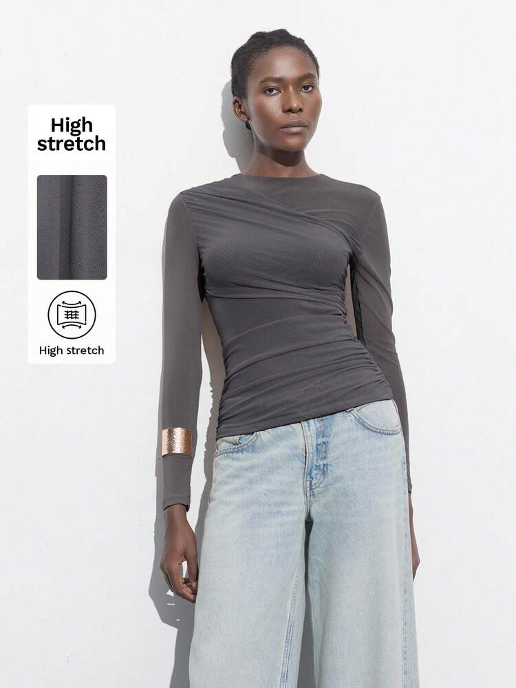 SHEIN Maija Camiseta de manga larga con malla gris elegante, empalme y fruncido, versátil para uso diario, casual de negocios, oficina, maestro