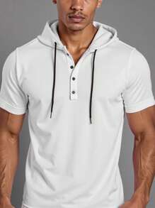 Manfinity Dauomo 男士夏季純色鈕扣半開襟短袖休閒帽T恤 - 白色 - 查看 3