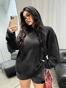 SHEIN EZwear Plus Size Casual Loose Minimalist Long Sleeve Hoodie Sweatshirt - Black - View 5