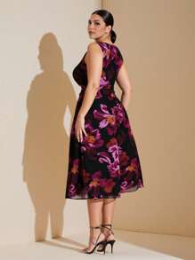SHEIN BAE Plus Size Women Spring Summer Black Mesh Floral Print Elegant Mid-Length Bodycon A-Line Dress/Cocktail Skirt/Summer Dresses/Formal Dresses For Women/Fall Wedding Guest Dress Curve/Club Outfits Women Sexy/Teacher Outfits Plus Size/Halloween Plus Size/Halloween Clothes/Airport Outfit For Ladies/Western Women Outfits/Back To School/Birthday Dresses For Women/Plus Size Dresses/Holiday Women Outfits/Rave Outfits/Off Shoulder/Elegant Dress,Homecoming Dress