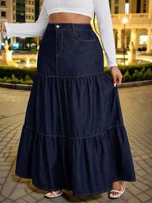 Slaydiva Plus Size Women Loose Fit Casual Denim A-Line Skirt Old Money Elegant Autumn Dark Blue Denim Skirt - Dark Wash - View 6