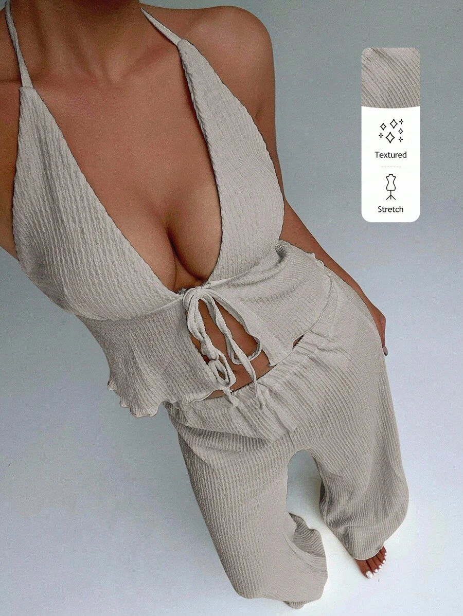 Flirla Textured Fabric Pleated Halter Neck Loose Wide Leg Pants Set - Grey - View 1