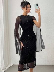 DAZY Đầm midi dài tay xẻ tà phối họa tiết cho nữ, mùa thu, đầm dạ hội sang trọng đính sequin, đầm dự tiệc đêm giao thừa, đầm lấp lánh. - màu đen - Xem 1
