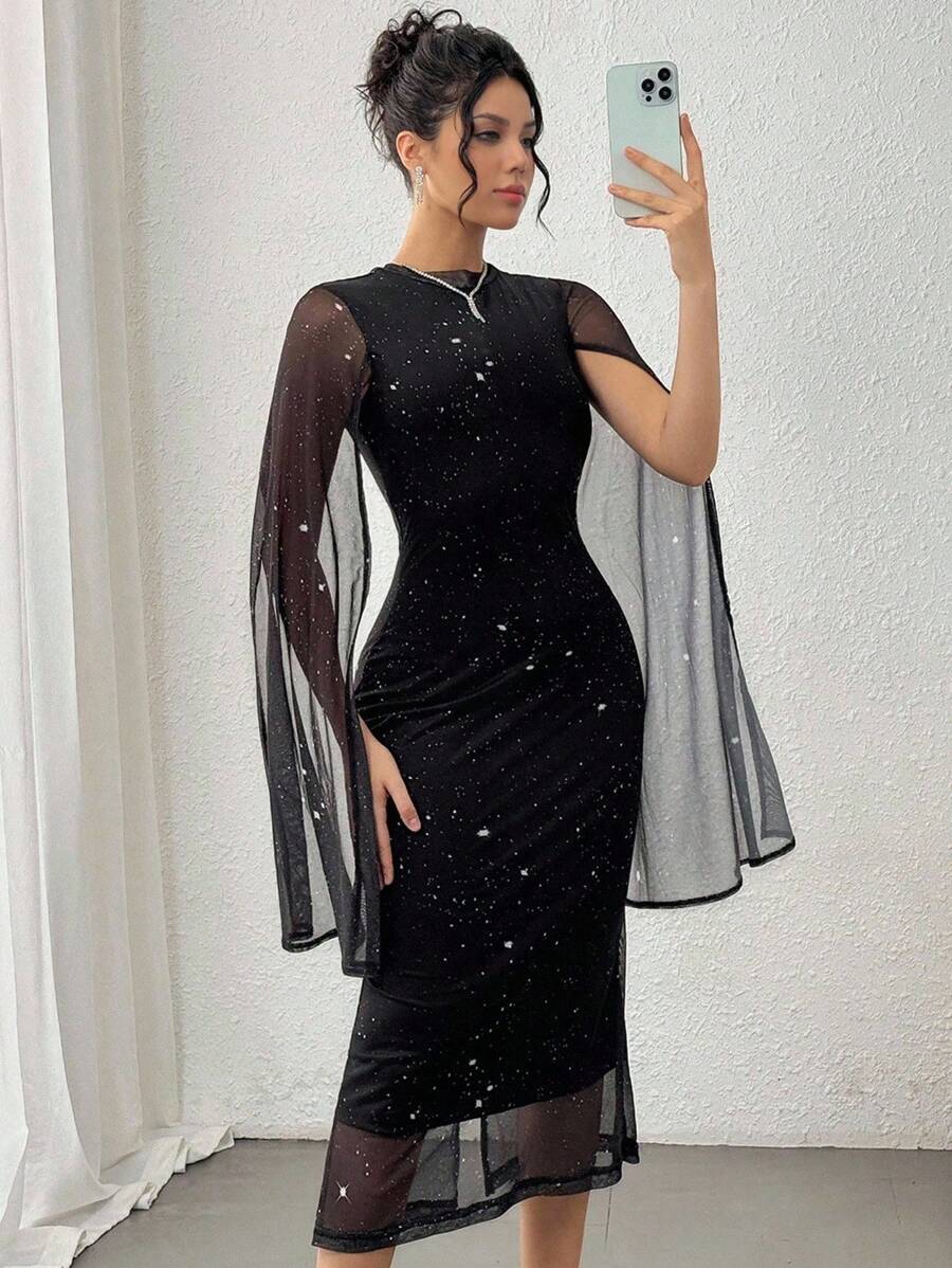 DAZY Đầm midi dài tay xẻ tà phối họa tiết cho nữ, mùa thu, đầm dạ hội sang trọng đính sequin, đầm dự tiệc đêm giao thừa, đầm lấp lánh. - màu đen - Xem 1