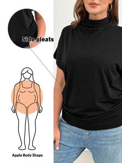 SHEIN Essnce Plus Size Women Wiosna I Lato Moda Swobodna Luźna Wygodna Codzienna Slim Czarne Krótkie Rękawy Topy, Prosty Styl, Czarne Topy, Stroje Kościelne, Topy Robocze