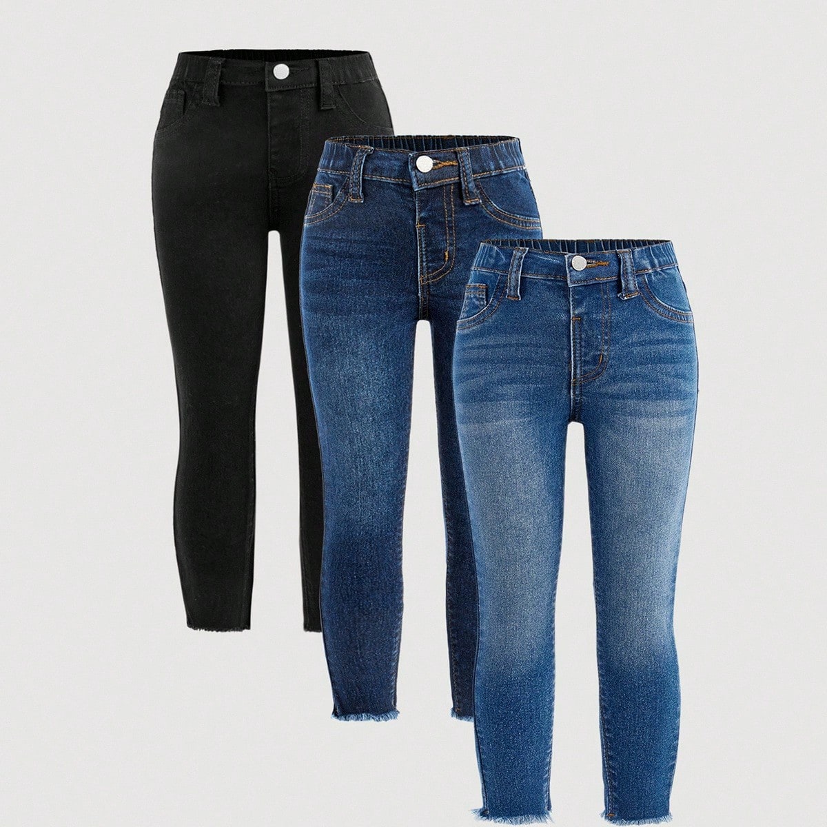 Pares de jeans casuales para niña con dobladillo deshilachado y bolsillos, lavado de mezclilla, elegantes para otoño/invierno