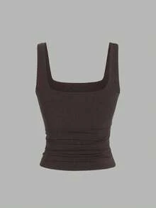 Sweetra Tank Top Kasual Wanita Warna Polos dengan Leher Persegi dan Lipit, Pas Badan. - MultiWarna - View 6