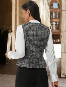 SHEIN Clasi Women's Elegant Commuter Color Block Shirt, Suitable For Work, Commuting, And Teacher - Black and White - View 7