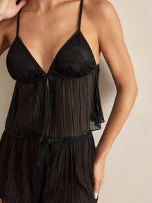 Charlaine French Elegant Charming Sexy Lace Spring Sleepwear Set For Women Black Lingerie Set Ruffle Lingerie Babydoll Lingerie Lingerie Sleep Set Pleated Lingerie Set Two Piece Lingerie Set - Black - View 5