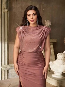 Aureia Váy dạ hội trang trọng thanh lịch lãng mạn cổ cao đính sequin sang trọng trang trí đá Rhinestone xẻ cao ôm sát cơ thể xếp nếp viền đuôi cá có đuôi váy - màu nâu - Xem 2