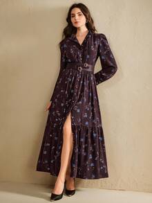 Anewsta Váy buộc eo họa tiết hoa thanh lịch hiện đại dành cho nữ, hàng mới về mùa thu/đông - Màu đỏ tím - Xem 1