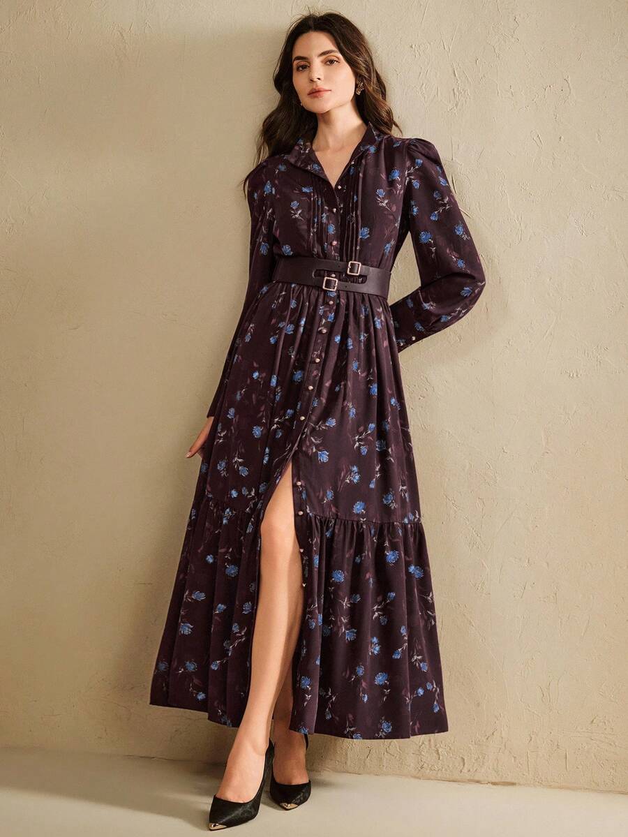 Anewsta Váy buộc eo họa tiết hoa thanh lịch hiện đại dành cho nữ, hàng mới về mùa thu/đông - Màu đỏ tím - Xem 1