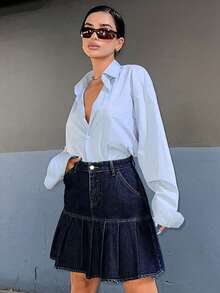 EURMUSE High Waist Pleated Hem Denim Skirt - Blue - View 6