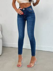 EURMUSE Petite 97% Algodón Lavado Alto con Detalles de Jacrón Jeans Skinny, Mujeres Petite - Azul lavado medio - Ver 3