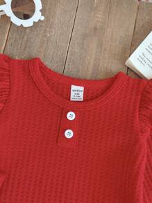 SHEIN Vintaside Kids 女宝宝两件套：樱桃刺绣牛仔裤+红色荷叶边长袖针织毛衣，甜美田园风穿搭，日常休闲装，可爱又时尚，适合外出、聚会、派对 - 紅色 - 查看 5