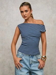 SHEIN BAE 这款春、秋、夏三季钩针编织棕色条纹露肩不对称上衣T恤，适合日常休闲、外出、与闺蜜聚会、下午茶、通勤休闲、海滩度假以及各种场合穿着。 - 藏蓝色 - 查看 6