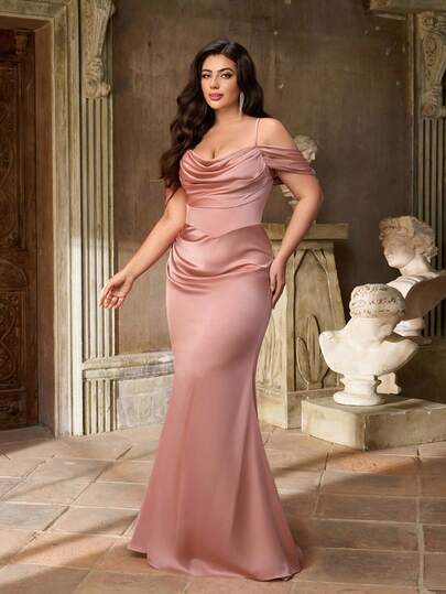 Aureia 加大码夏季优雅浪漫莲花粉色细肩带荷叶边领口修身鱼尾下摆连衣裙，适合晚会、约会、舞会、毕业典礼、音乐节、婚礼、伴娘