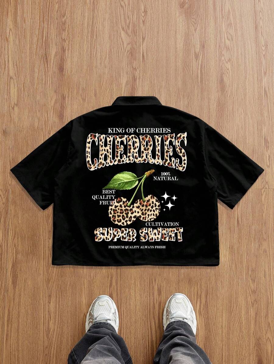 Claim Dot Men's Slogan, Leopard & Cherry Print Short Sleeve Casual Shirt - Black - View 1