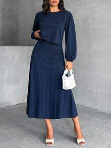 EURMUSE 2 PCS, Texture Fabric Long Sleeve Top & Long Skirts - Navy Blue - View 3
