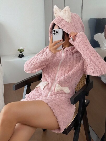 Dream Adore Pigiama tutina con cappuccio e fiocco in pile, pigiama morbido e soffice, abbigliamento da casa carino, pigiama con cappuccio e peluche, adatto per l'autunno e l'inverno