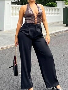 NegzBox Vintage Elegant Jacquard Pleated Wide-Leg Pants For Women, Autumn/Winter - Black - View 4