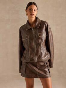 SHEIN BAE Chaqueta casual y oversize de unicolor para mujer para otoño/invierno, chaqueta de invierno para mujer, chaqueta burdeos, abrigos, chaqueta de PU casual, chaqueta oversize lavado premium marrón con detalle de costura