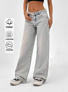 CasuGlow Quần jean ống rộng cạp thấp baggy cổ điển 100% cotton dành cho nữ - Rửa trung bình - Xem 1