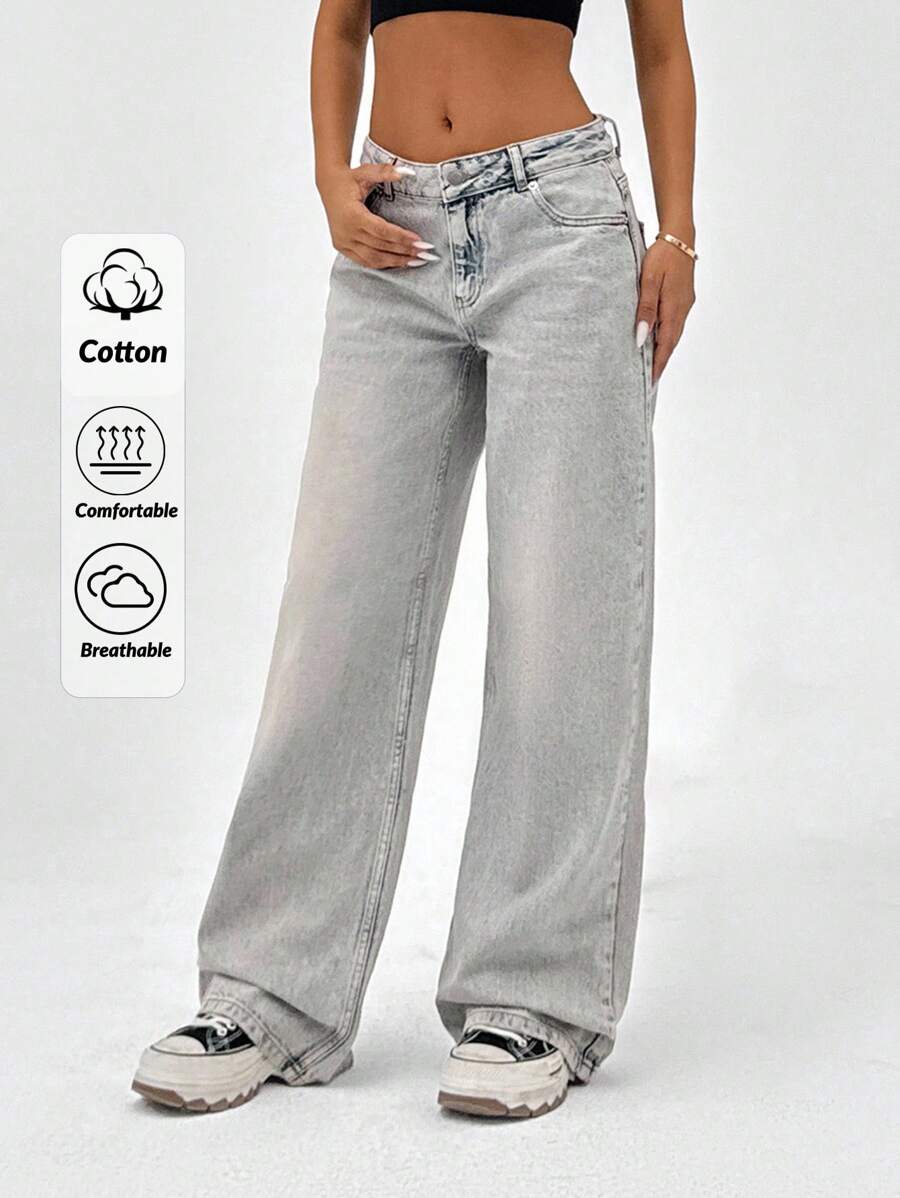 CasuGlow Quần jean ống rộng cạp thấp baggy cổ điển 100% cotton dành cho nữ - Rửa trung bình - Xem 1