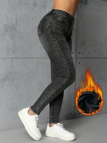 SHEIN ICON 女式口袋紧身休闲弹力牛仔裤，保暖内衬 - 灰色 - 查看 6